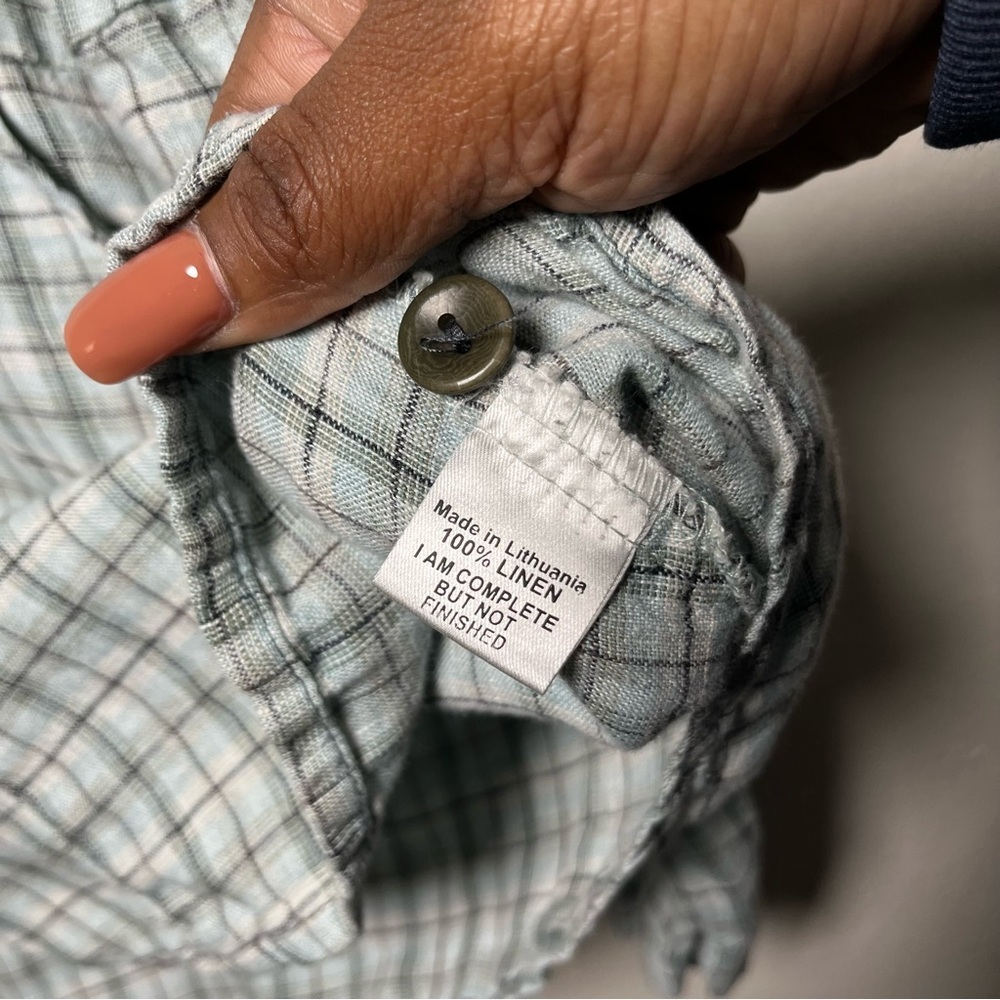 Flax Women 100% Linen Top Small Green Plaid Long Sleeve Buttons Coastal Lagenloo - Picture 7 of 10